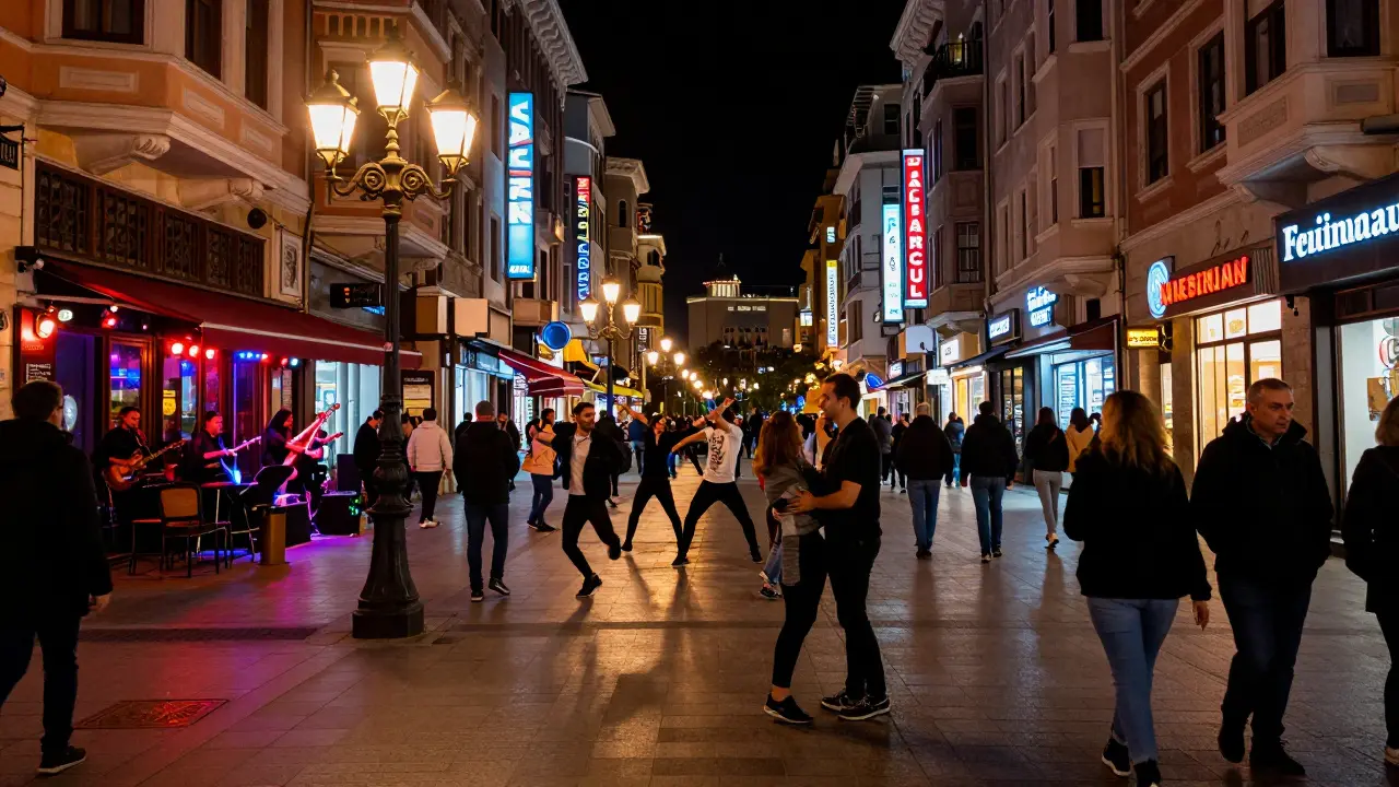 Busy İstiklal Avenue at night with live music, street performers, and vintage lampposts illuminating the crowd.