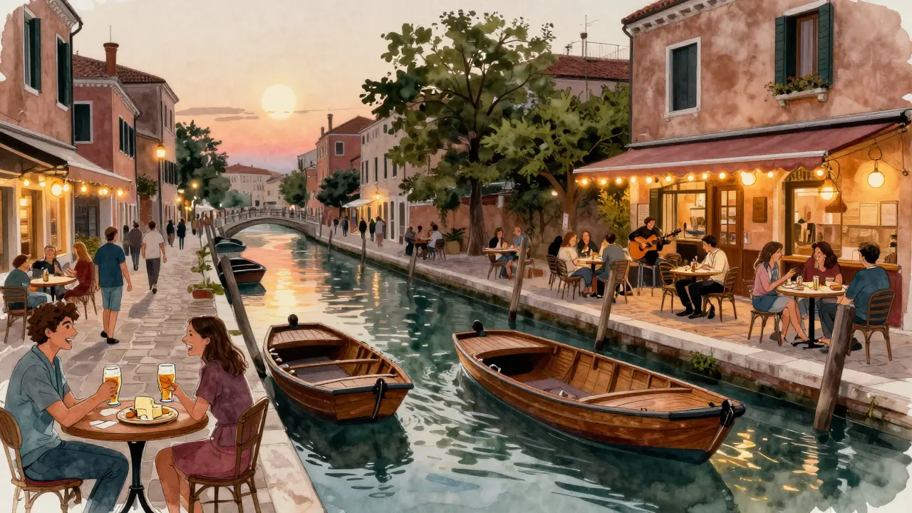 Canals of Navigli illuminated by string lights, people gathered at outdoor bars with craft beer and cheese boards.