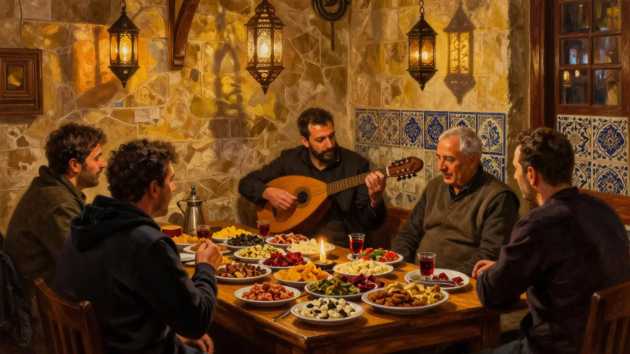 Candlelit Turkish tavern with meze plates and a bağlama player under warm lantern light.