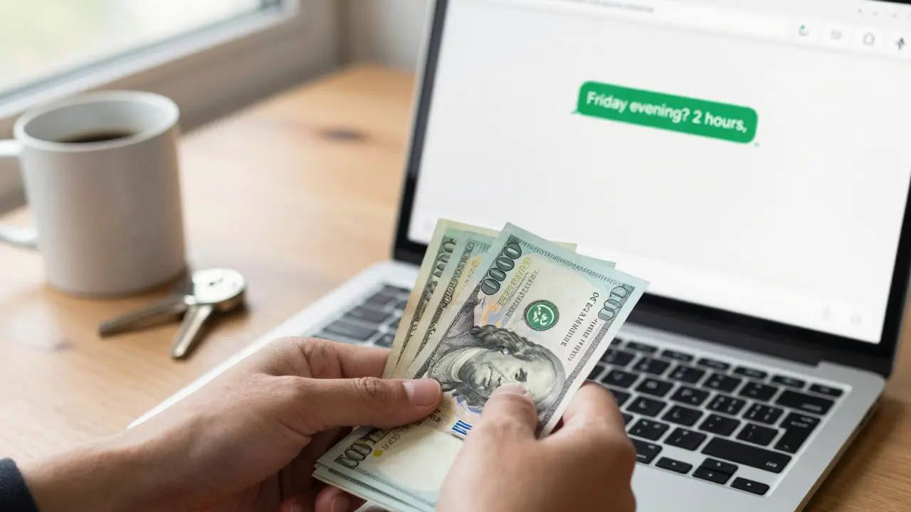 Cash and a laptop showing a plain website with a WhatsApp message about a meeting time.