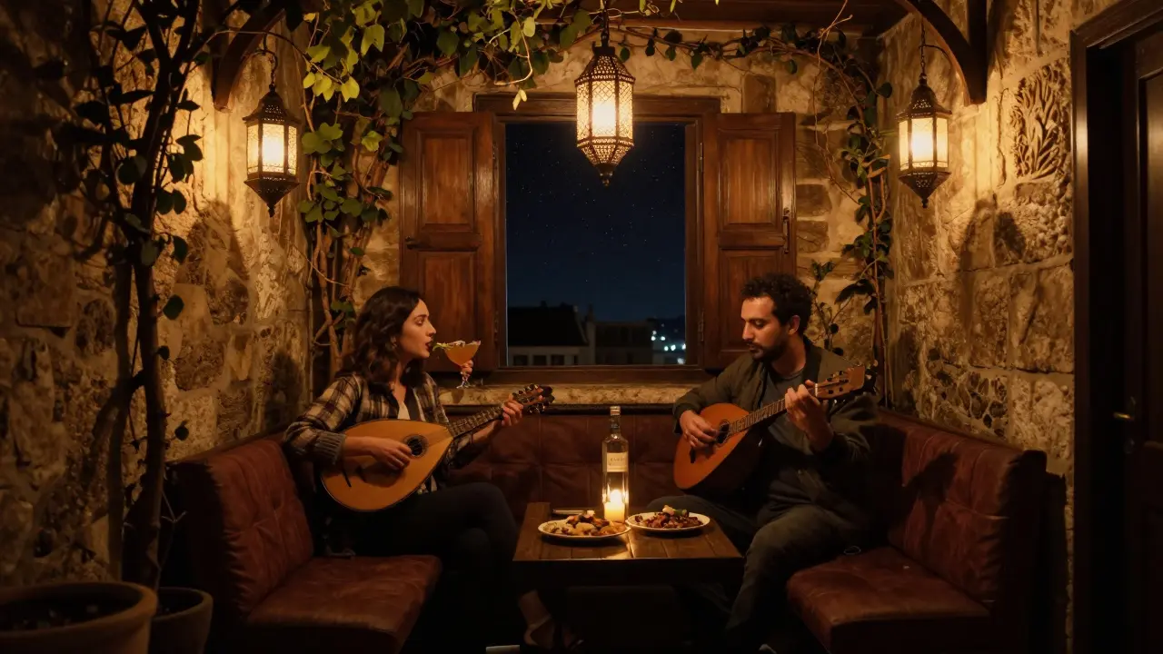 Cozy hidden courtyard bar with live music, lanterns, and a drink beside meze plates.
