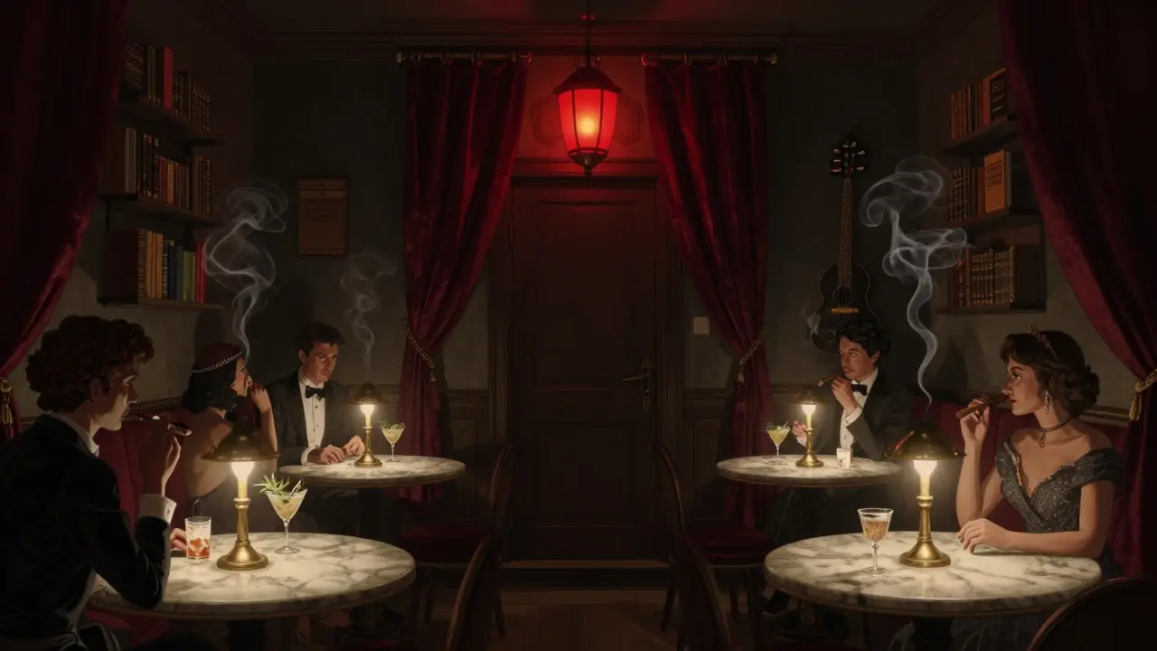 Cozy hidden speakeasy with red lantern and patrons sipping herbal cocktails in vintage mansion.