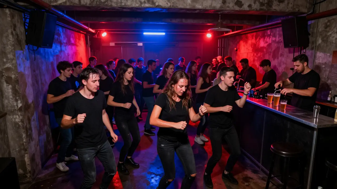 Crowd dancing in a dark warehouse club to pounding techno music under strobe lights.