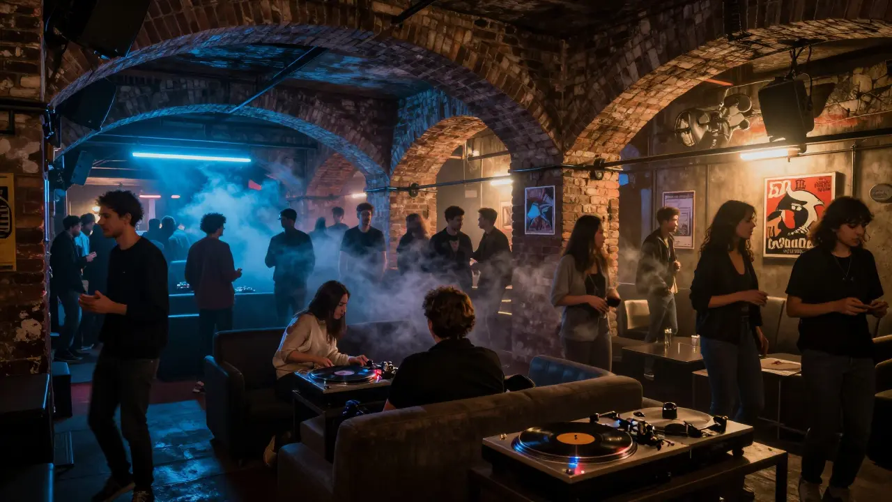 Crowd dancing in a dim underground club with neon lights and vinyl records spinning.