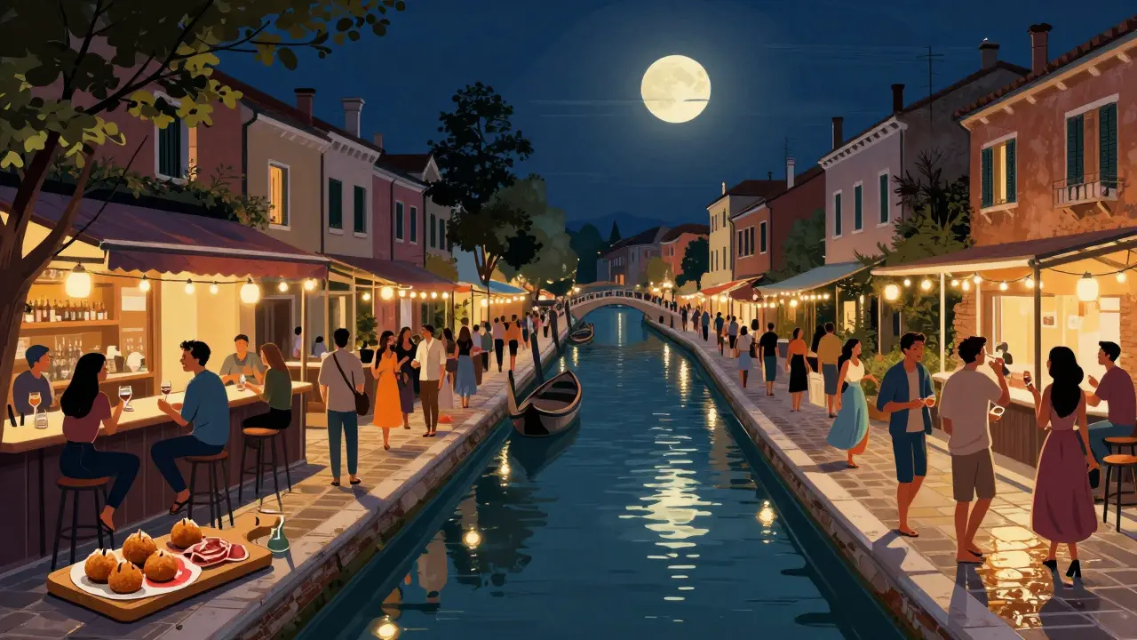 Crowds strolling along Navigli canals at night, dancing barefoot on cobblestones under string lights.