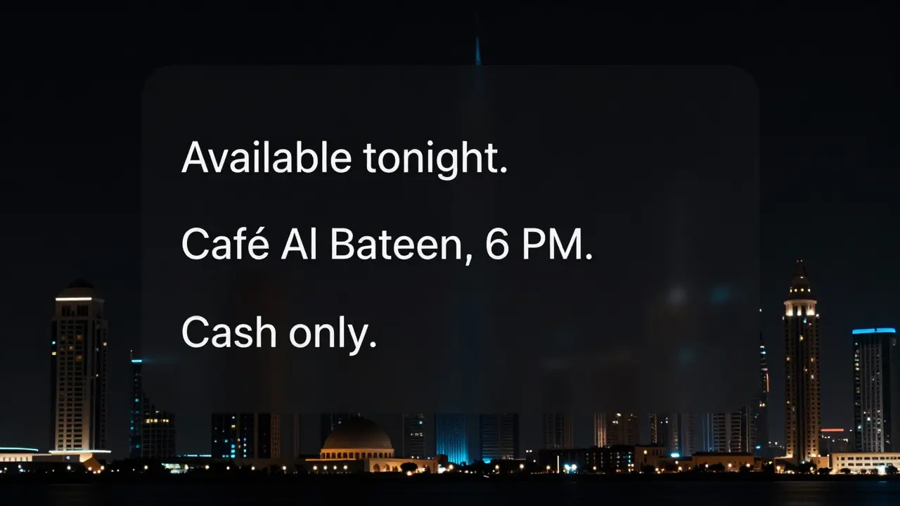 Dark smartphone screen showing discreet Telegram messages about a meeting, no images or names visible.