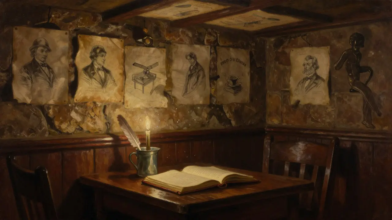Dim historic pub room with old sketches on walls, an open notebook and quill on a wooden table.