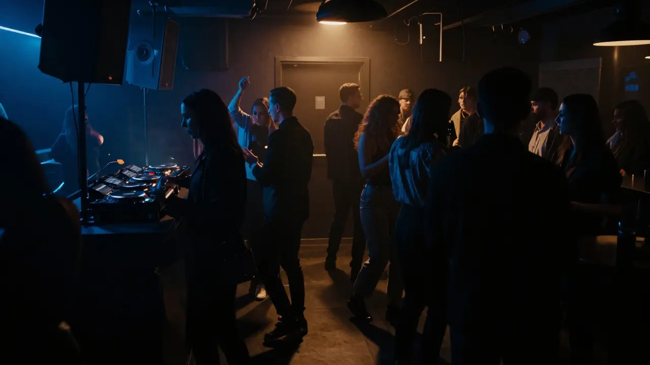 Dimly lit underground club with elegant patrons moving to deep house music in quiet intimacy.