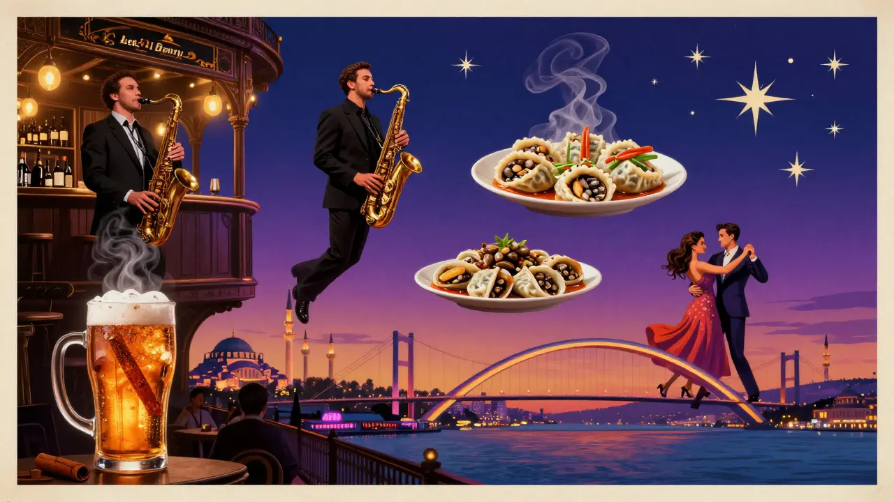 Dreamy collage of Istanbul nightlife: jazz bar, boza, stuffed mussels, and dancing under stars.