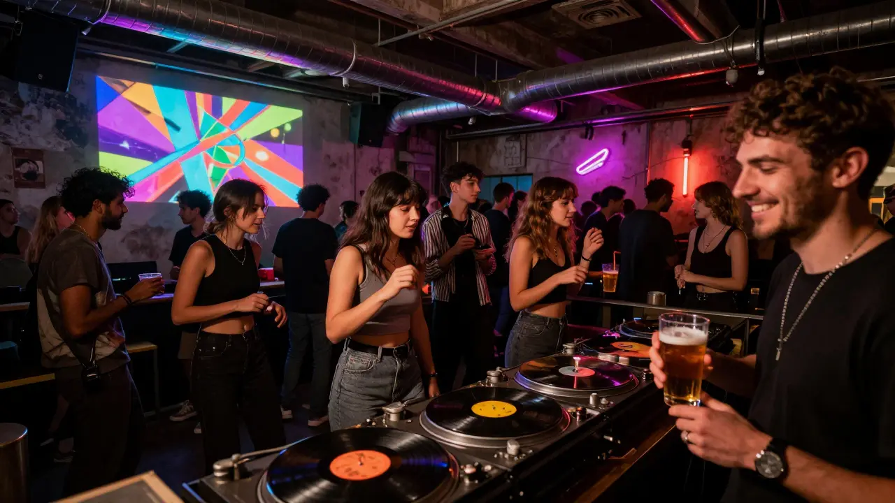 Eclectic crowd dancing in an underground Milan club with abstract neon art projections.