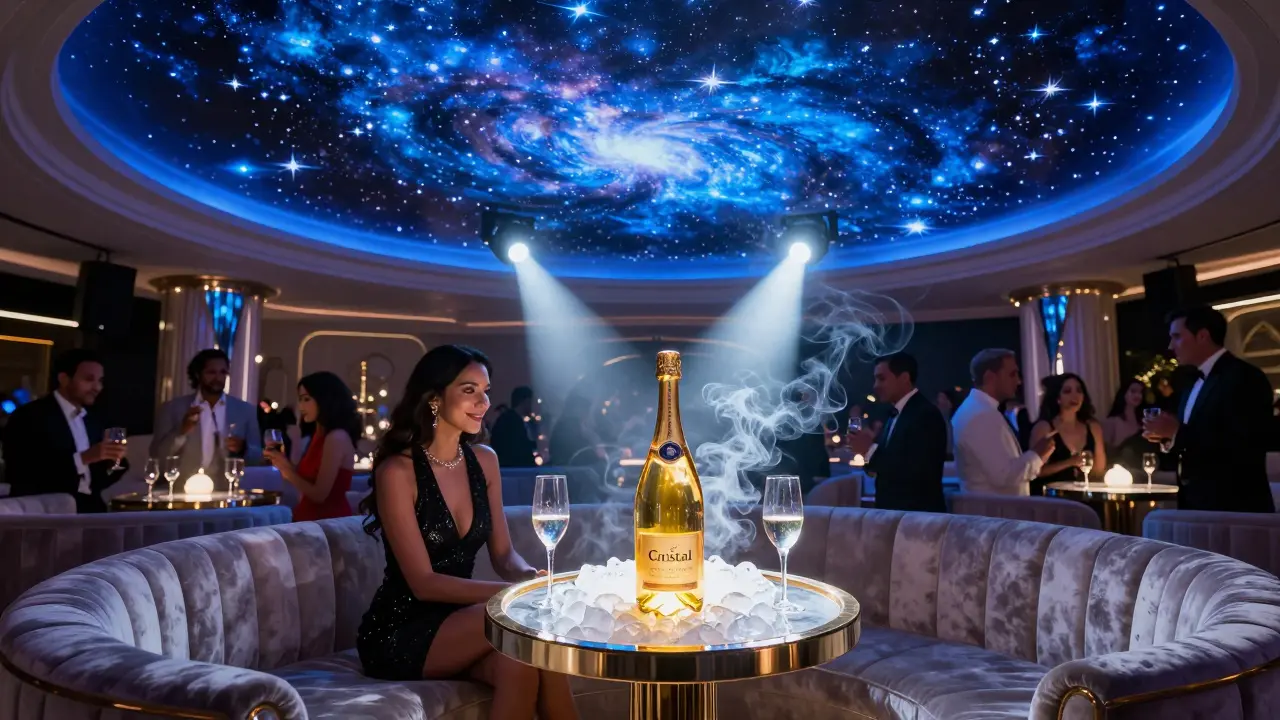 Elegant crowd in a high-end club under a dynamic LED ceiling displaying cosmic visuals.