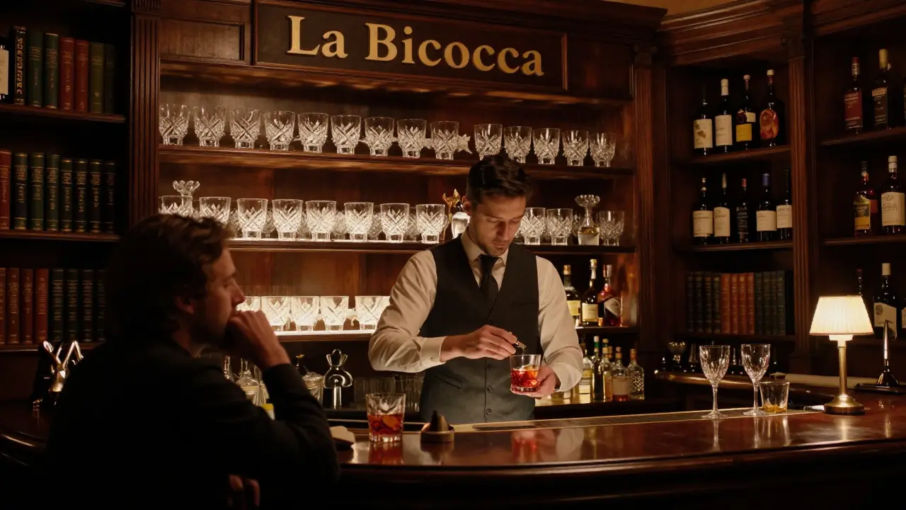 Elegant speakeasy bar with bartender crafting a cocktail under soft amber lighting.