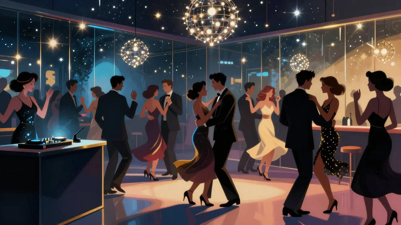 Glamorous crowd dancing in mirrored nightclub with sparkling ceiling lights and soft neon tones.