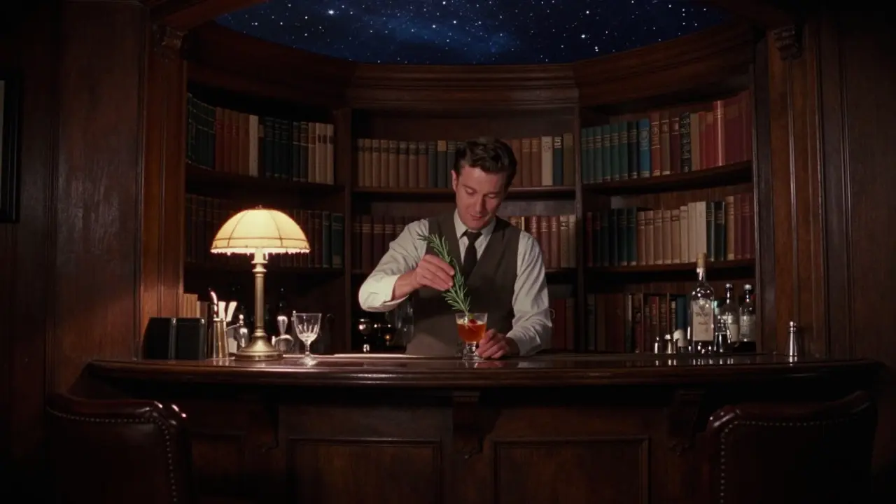 Hidden bar behind a bookshelf with starry ceiling and dim brass lighting, cocktail being prepared in intimate setting.
