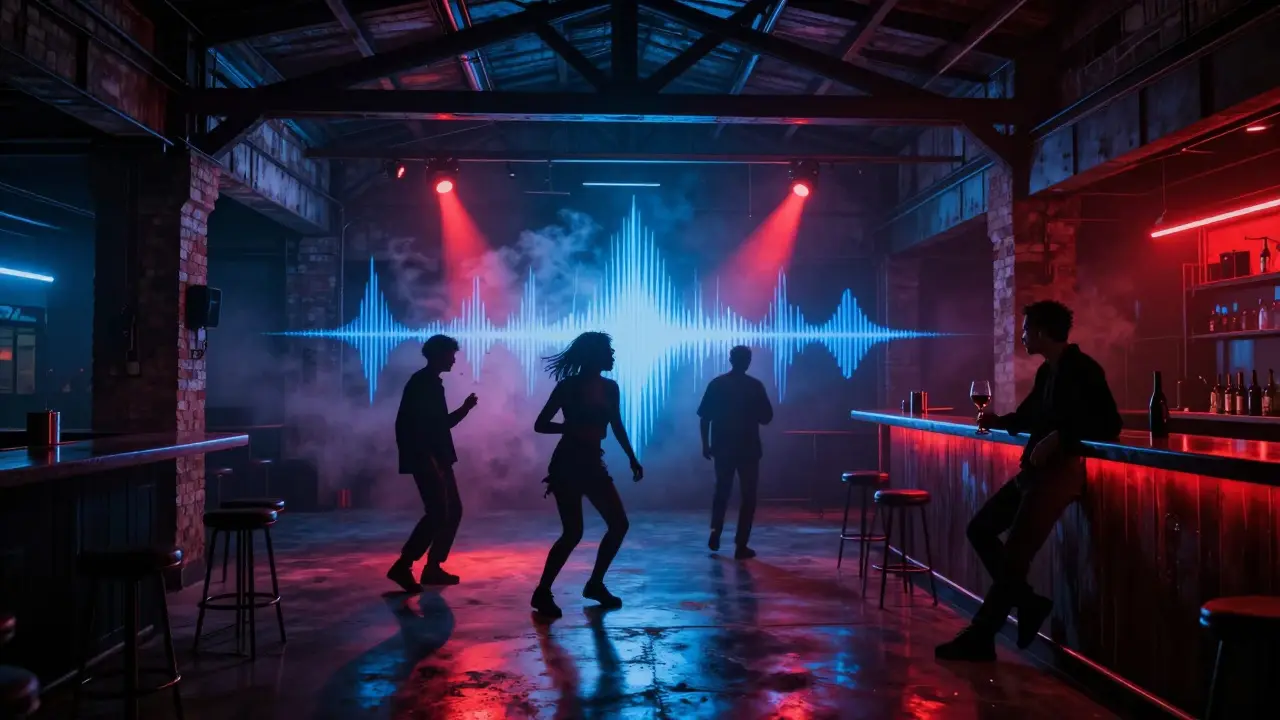 Industrial nightclub interior with strobing lights and silhouetted dancers in a haze of smoke.