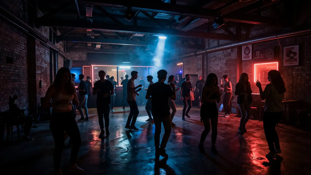 Industrial nightclub with dancing crowd under neon lights and smoke-filled air.