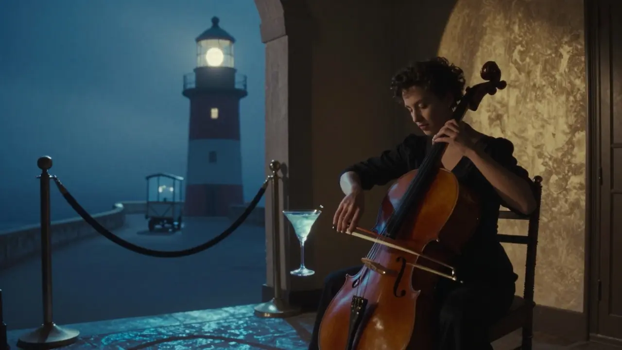 Inside a lighthouse club at dawn, a cellist plays under tide-inspired lighting, frozen glasses catching moonlight.