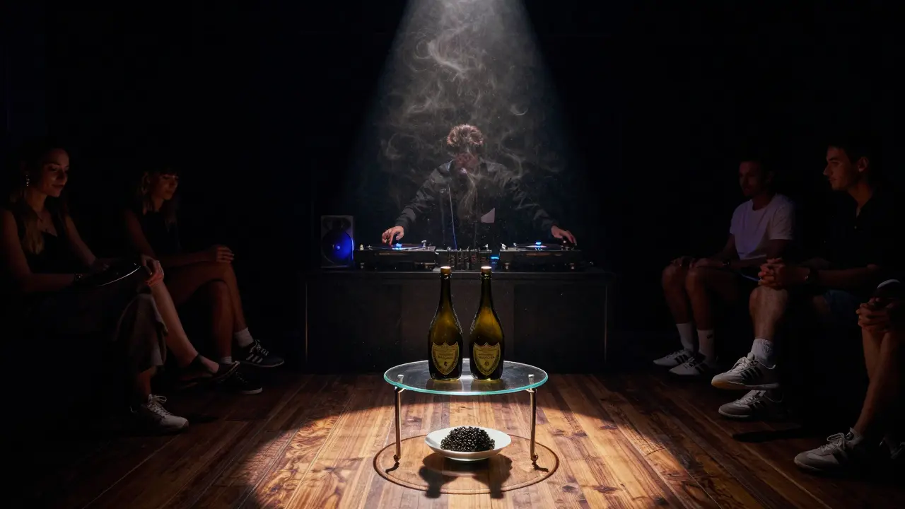 Inside Opal Club, silhouetted guests sit in silence around a table with champagne and caviar, bathed in soft blue light.