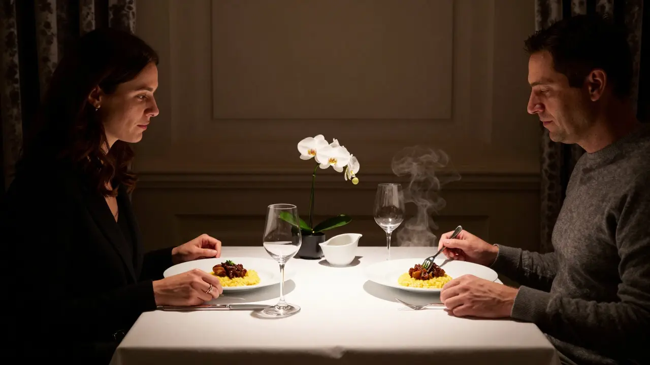 Intimate dinner in a quiet Michelin-starred restaurant with fine dining details and soft ambient lighting.