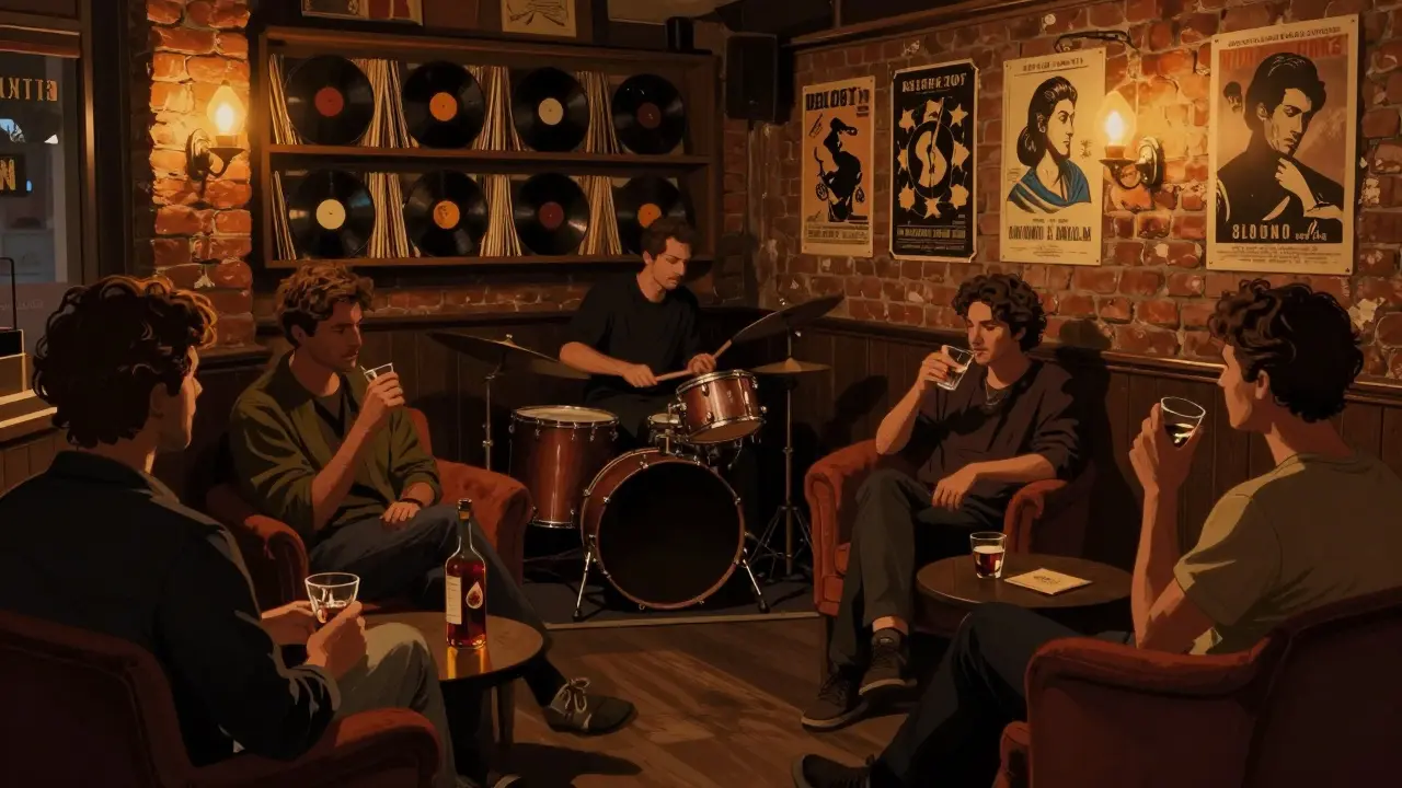 Intimate jazz bar with candlelight, vinyl records, and patrons sipping homemade fig liqueur.