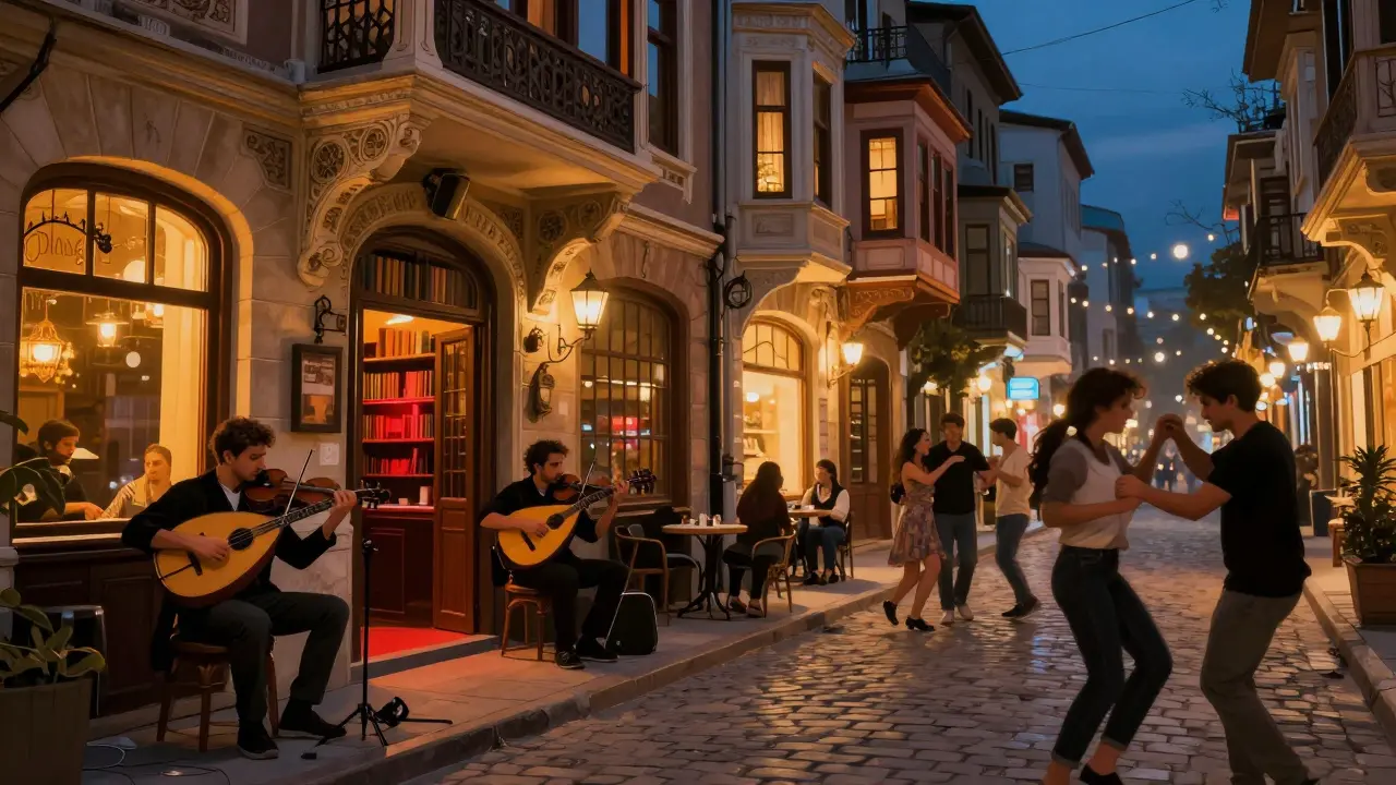 Istiklal Avenue at midnight with street musicians and hidden speakeasy entrance.