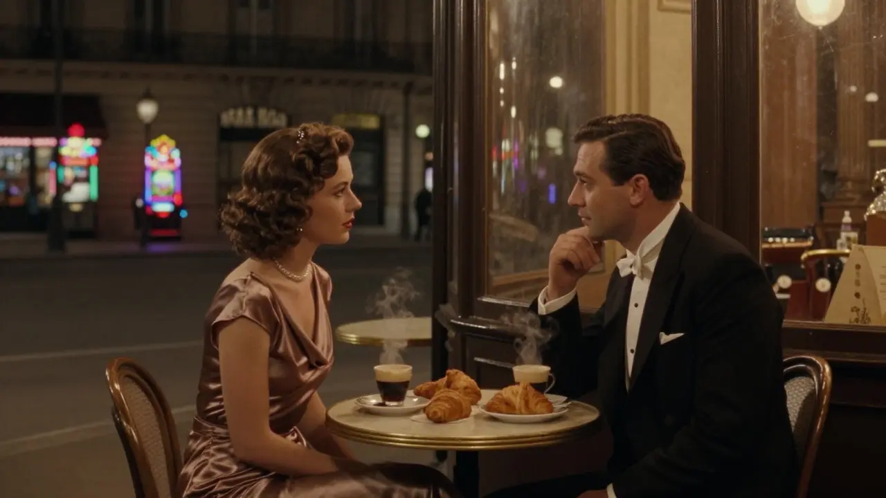 Late-night couple at Le Café de Paris with coffee and croissants, casino lights fading in distance.