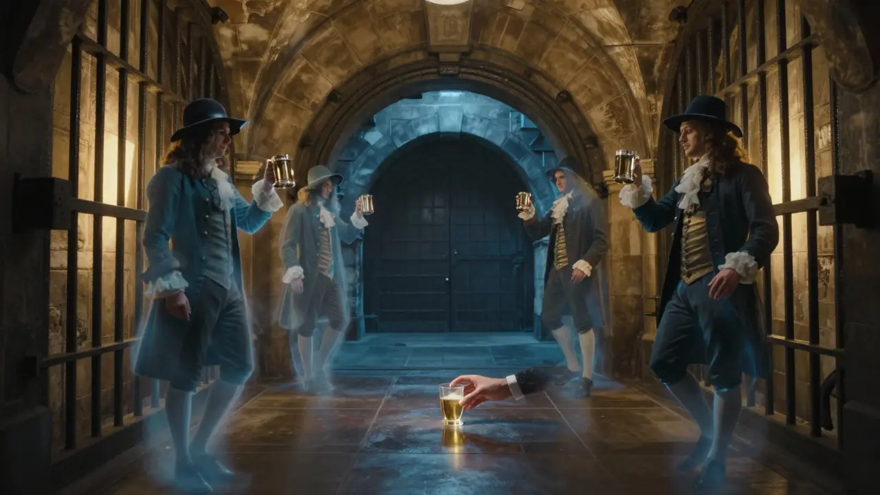 Mystical vaulted cellar with glowing iron bars and ghostly figures raising mugs in silent toast.