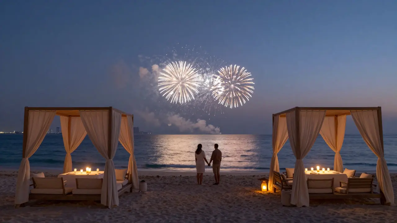 Private beach dinner at twilight with fireworks reflecting on ocean waves and candlelit tables.