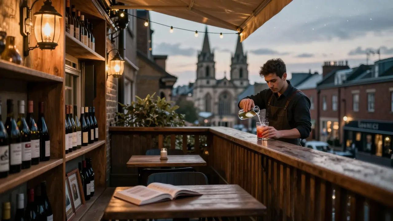 Quiet terrace at 8th Day with lanterns, wine bottles, and distant London spires.