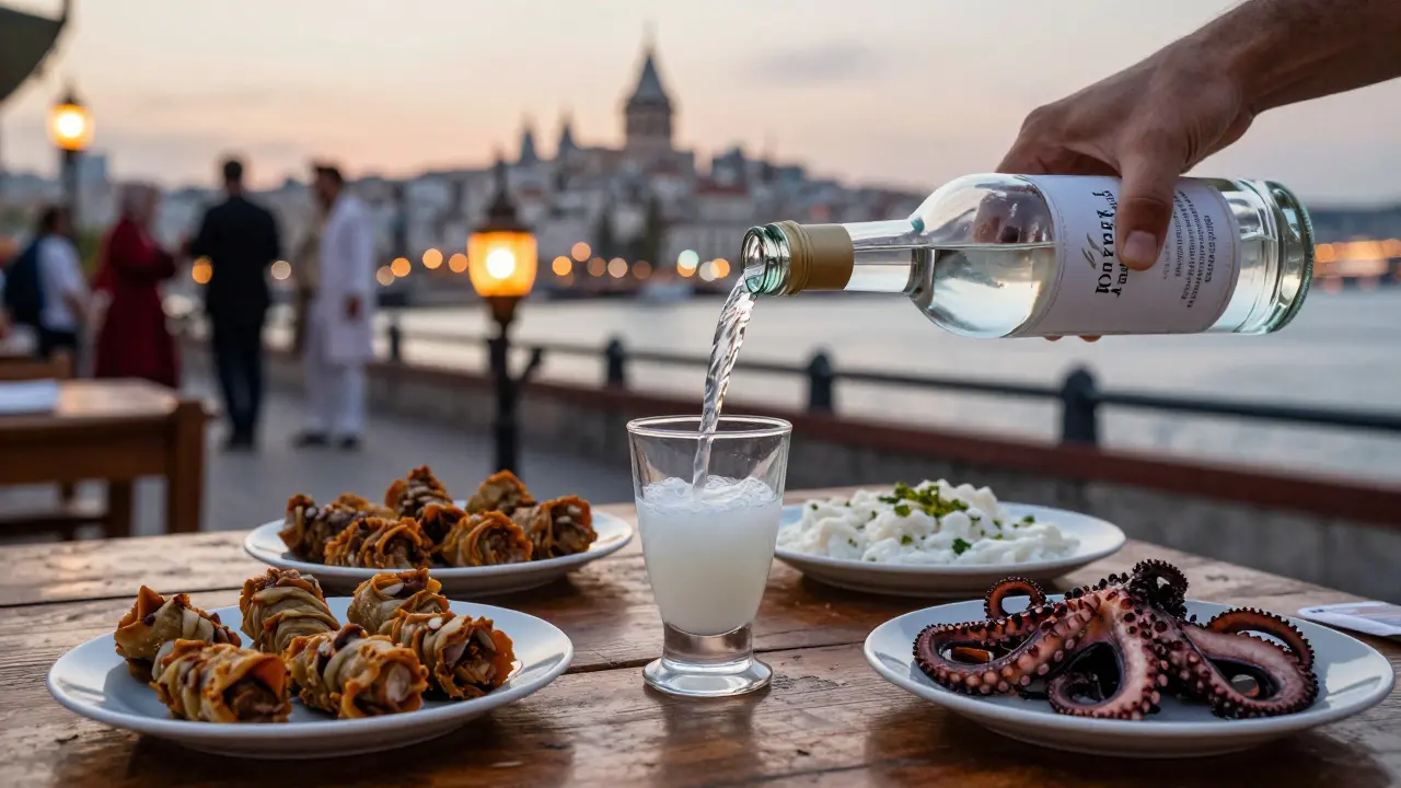 Raki ritual in a traditional meyhane with meze plates and milky-white drink in glass.