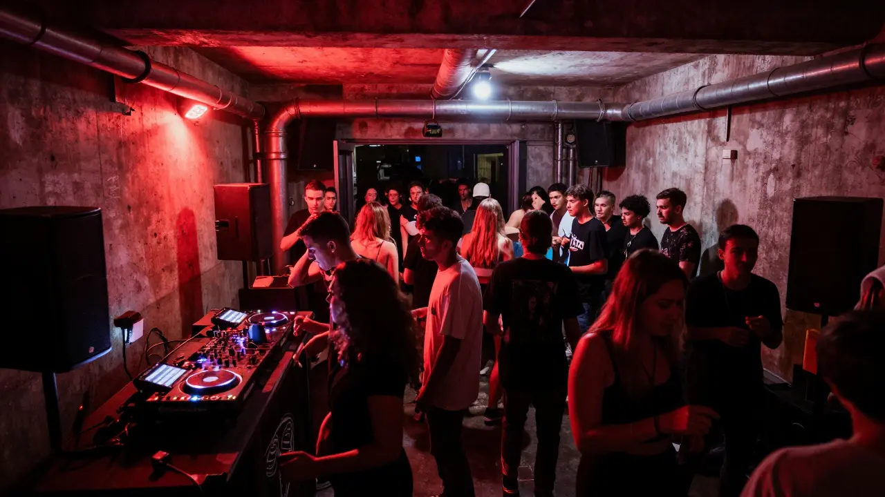 Raw underground club with strobe lights and diverse crowd dancing on concrete floor.
