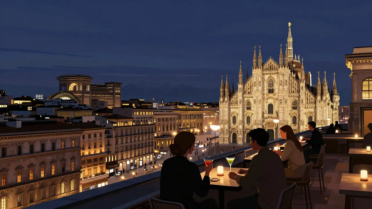 Rooftop bar overlooking Milan’s illuminated skyline with the Duomo in the distance.