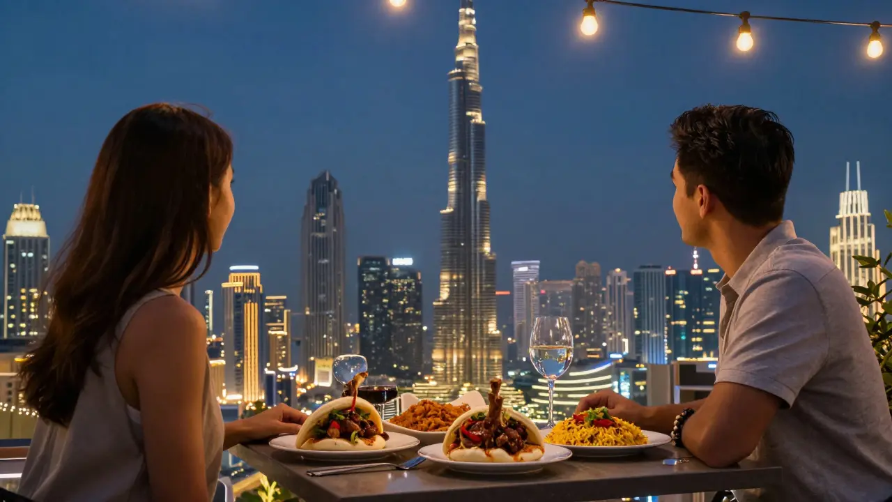 Rooftop dining at Sky View with Burj Khalifa glowing in the background, couple enjoying Middle Eastern fusion dishes.