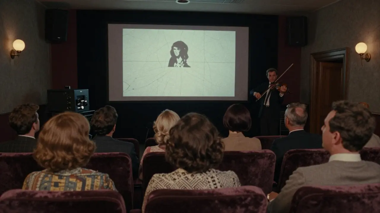 Silent film projected on a cinema screen with a live violinist performing beside the projector.