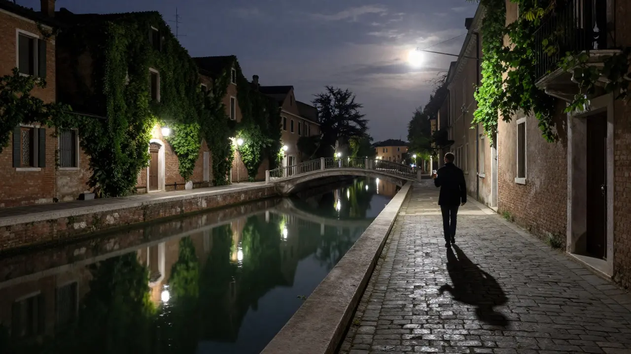 Silent walk along Navigli canal at night, lantern reflections on water under moonlight.