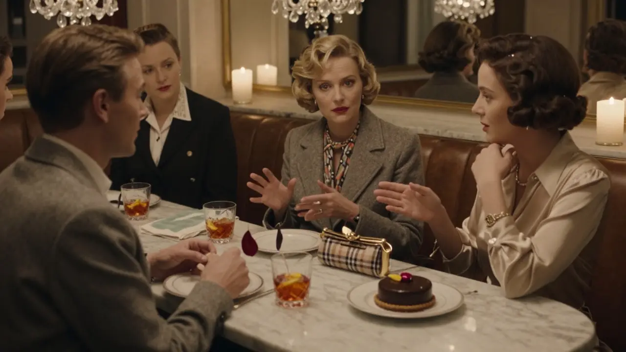 Stylists conversing in The Wolseley’s candlelit dining room, elegant attire, no phones, luxurious ambiance.