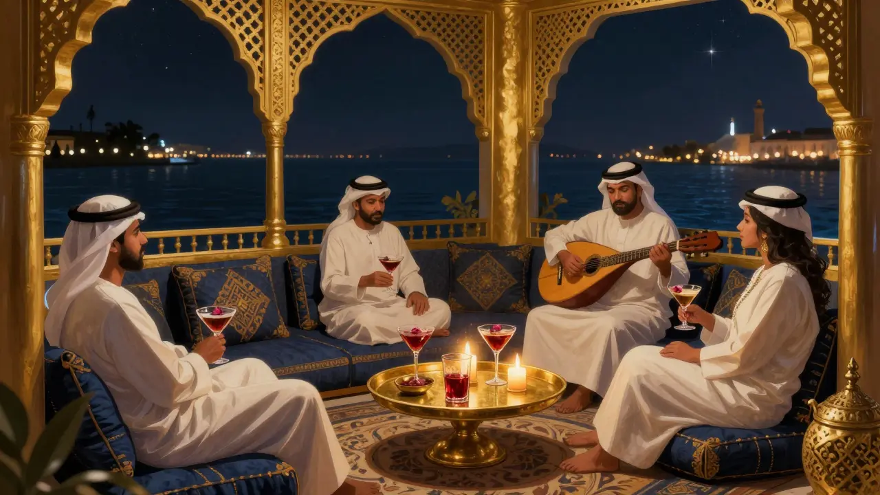 Traditional Emirati lounge with guests sipping date cocktails and live oud music under candlelight.