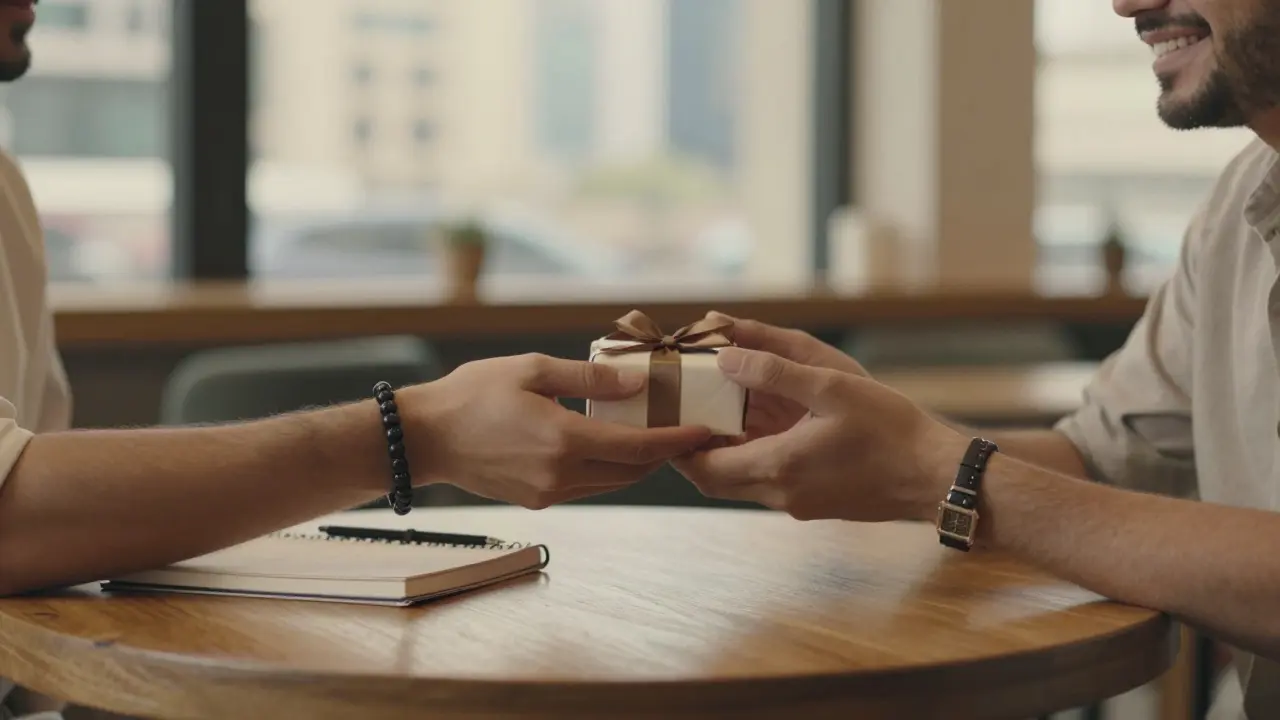 Two hands exchanging a small gift in a quiet Dubai café, symbolizing connection without words.