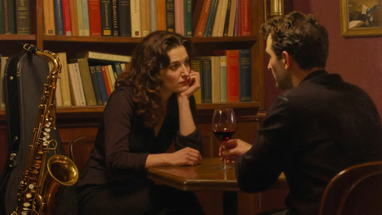 Two people share a quiet conversation in a hidden jazz bar behind bookshelves in Milan.