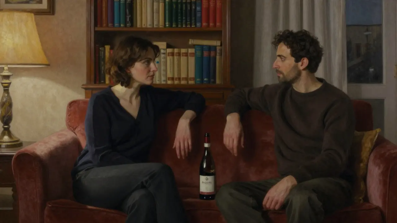 Two people sit in quiet intimacy in a Milan apartment, sharing wine and thoughtful silence.