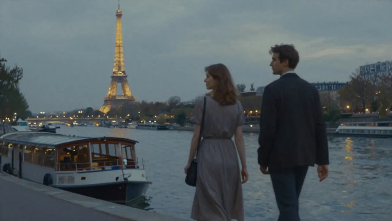 Two people walk silently along the Seine at dusk, sharing quiet companionship under the distant glow of the Eiffel Tower.