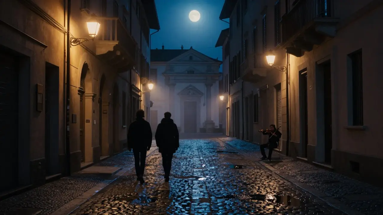 Two people walking silently through a moonlit Brera alley with lantern light and a violinist nearby.