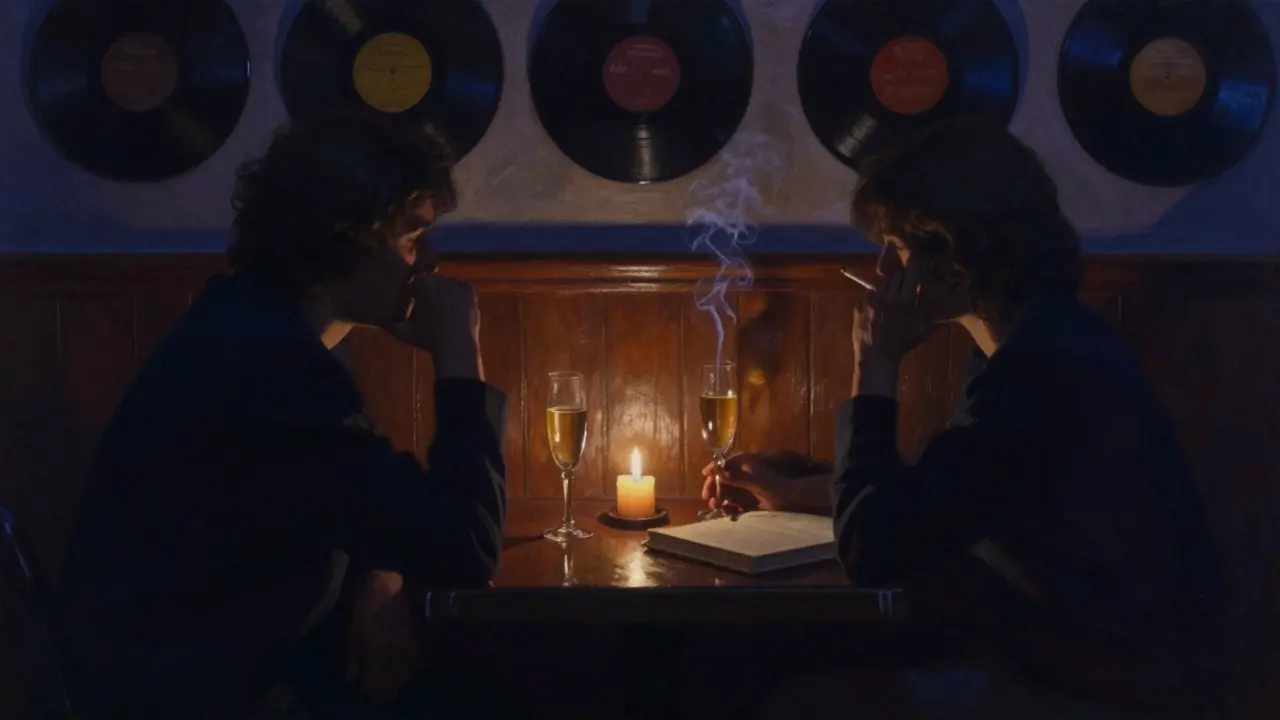 Two silhouettes enjoy champagne in a dim jazz basement, candlelight glowing beside vinyl records and smoke curling in the air.