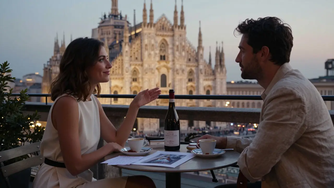 Two silhouettes share wine and espresso on a Milan terrace at sunset, with an art print and handwritten note on the table.