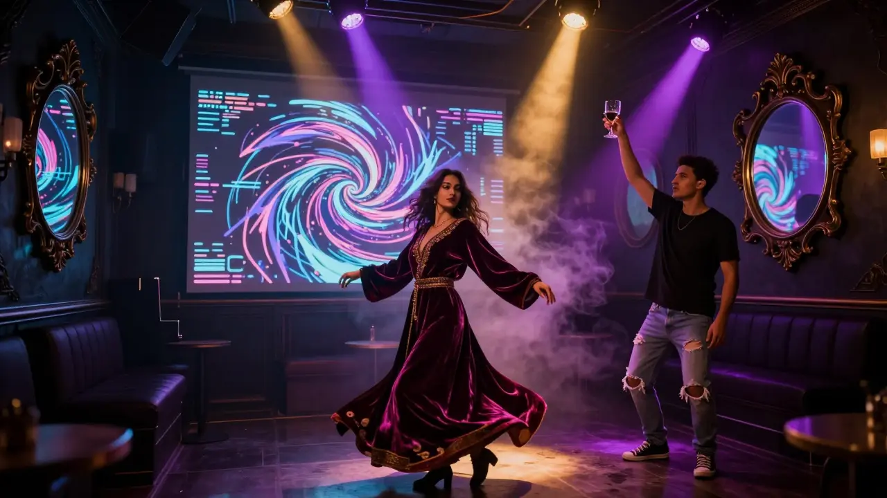 Underground club where traditional Ottoman attire blends with modern rave lights and music.