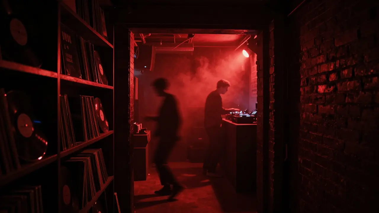 Underground jazz and house club with dim lighting, vinyl records, and silhouetted dancers.