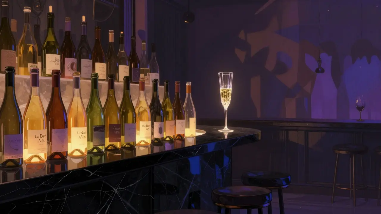 Wine bar with glowing bottles and black marble bar reflecting colorful ambient light.