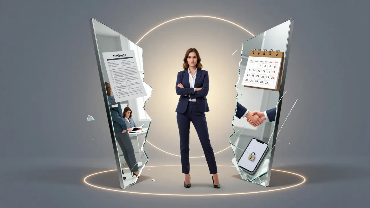 Woman in a fractured mirror reflecting her professional life aspects—therapy, finances, rest, and boundaries, surrounded by protective light.