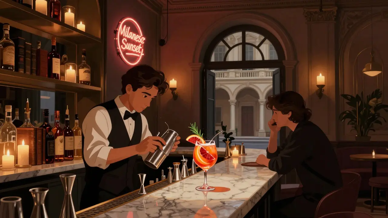 A bartender preparing a craft cocktail in a dimly lit Brera lounge with antique bottles and candles.