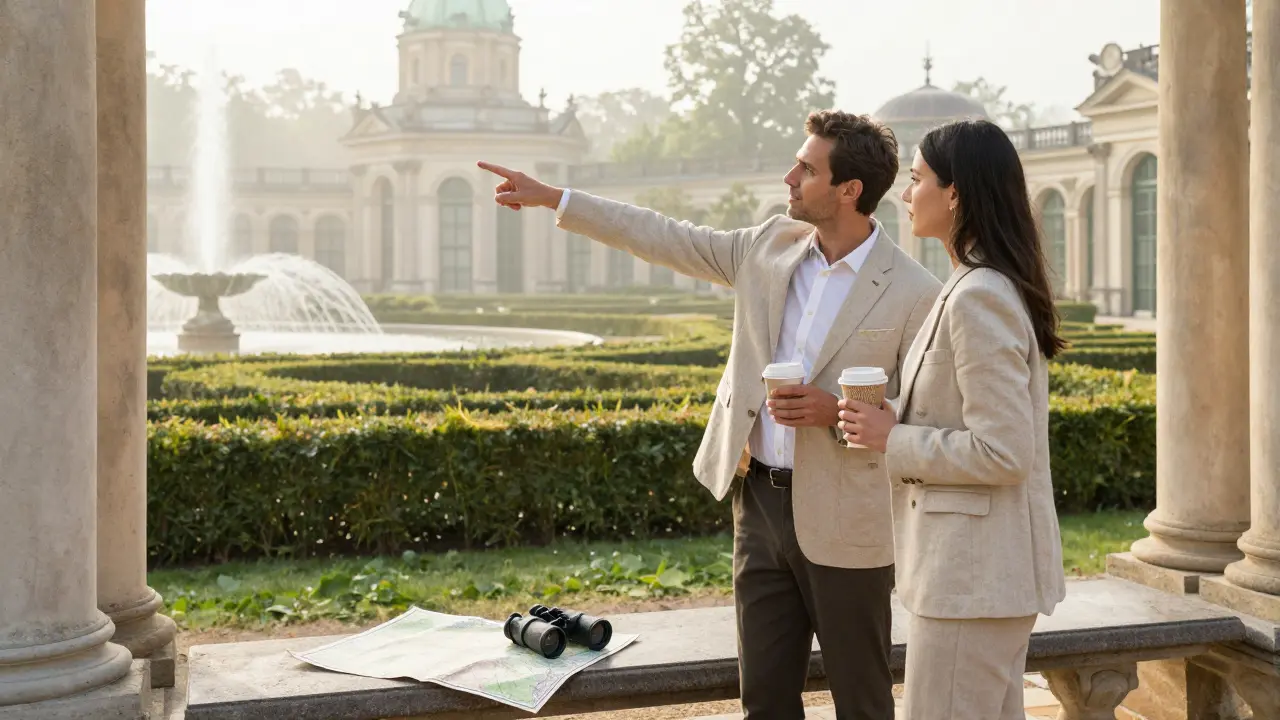 A companion and client standing in Potsdam’s Sanssouci Park, discussing architecture under morning mist with a map and coffee on a bench.